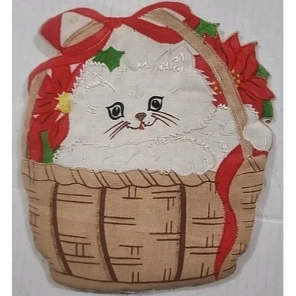 2 Vintage Christmas Potholders Santa Christmas Tree Kitty CatBasket Poinsettias - Picture 4 of 9